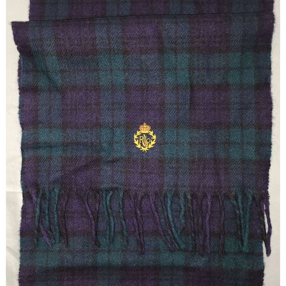Vtg Lauren Ralph Lauren classic navy blue & green plaid wool scarf w fringe
